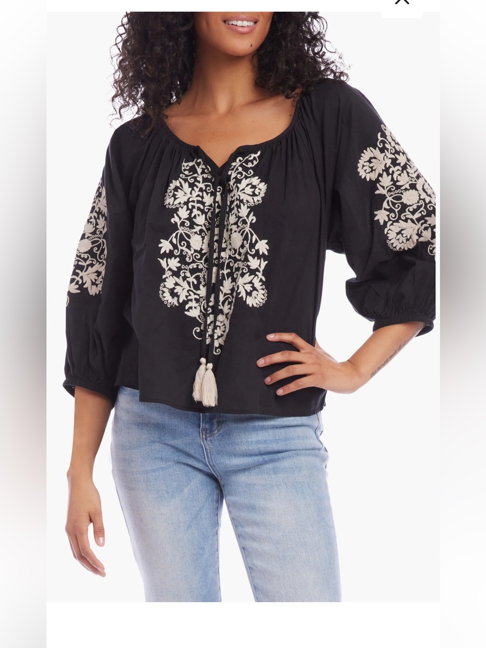 Karen Kane Black Blouse with Cream Embroidery and Tassel Tie - Picture 2 of 7